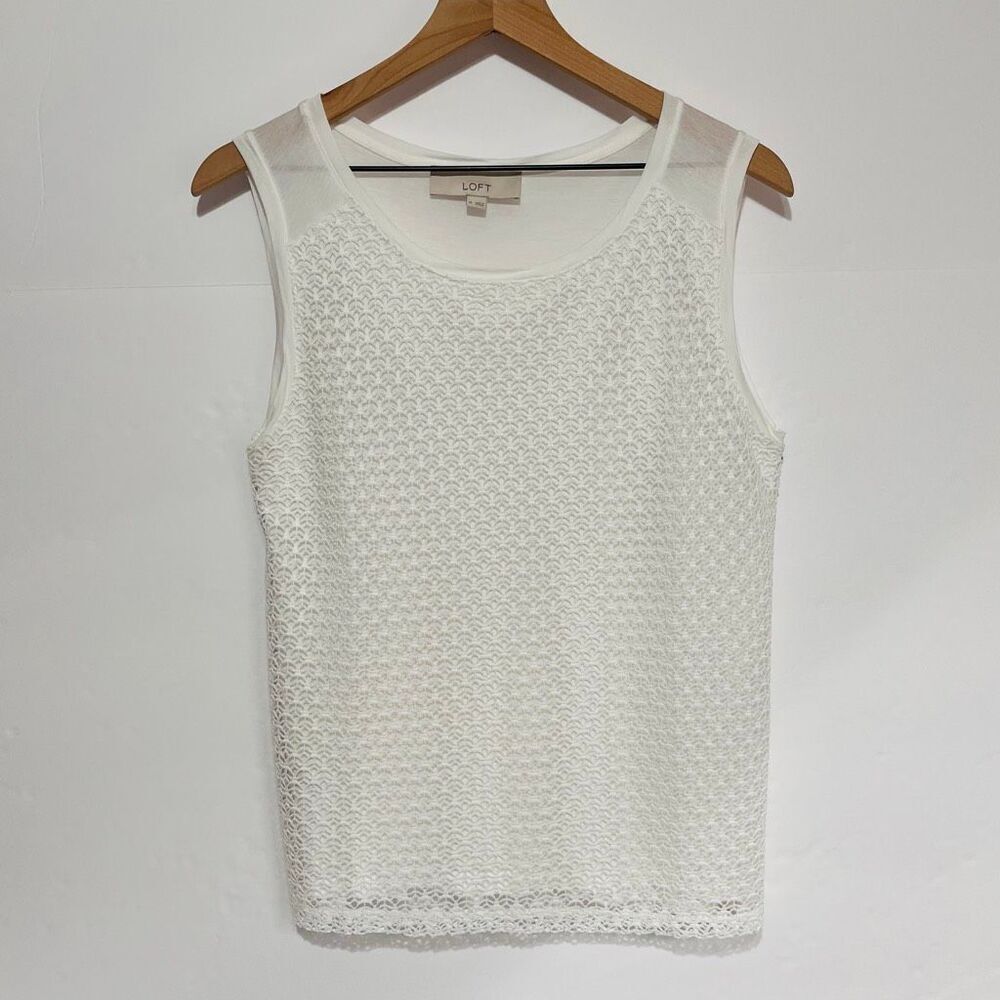 LOFT White Sleeveless Blouse With Crochet Overlay   Size M